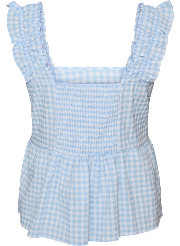 Top met ruitjes en ruchesdetails, Blauw, Packshot image number 1