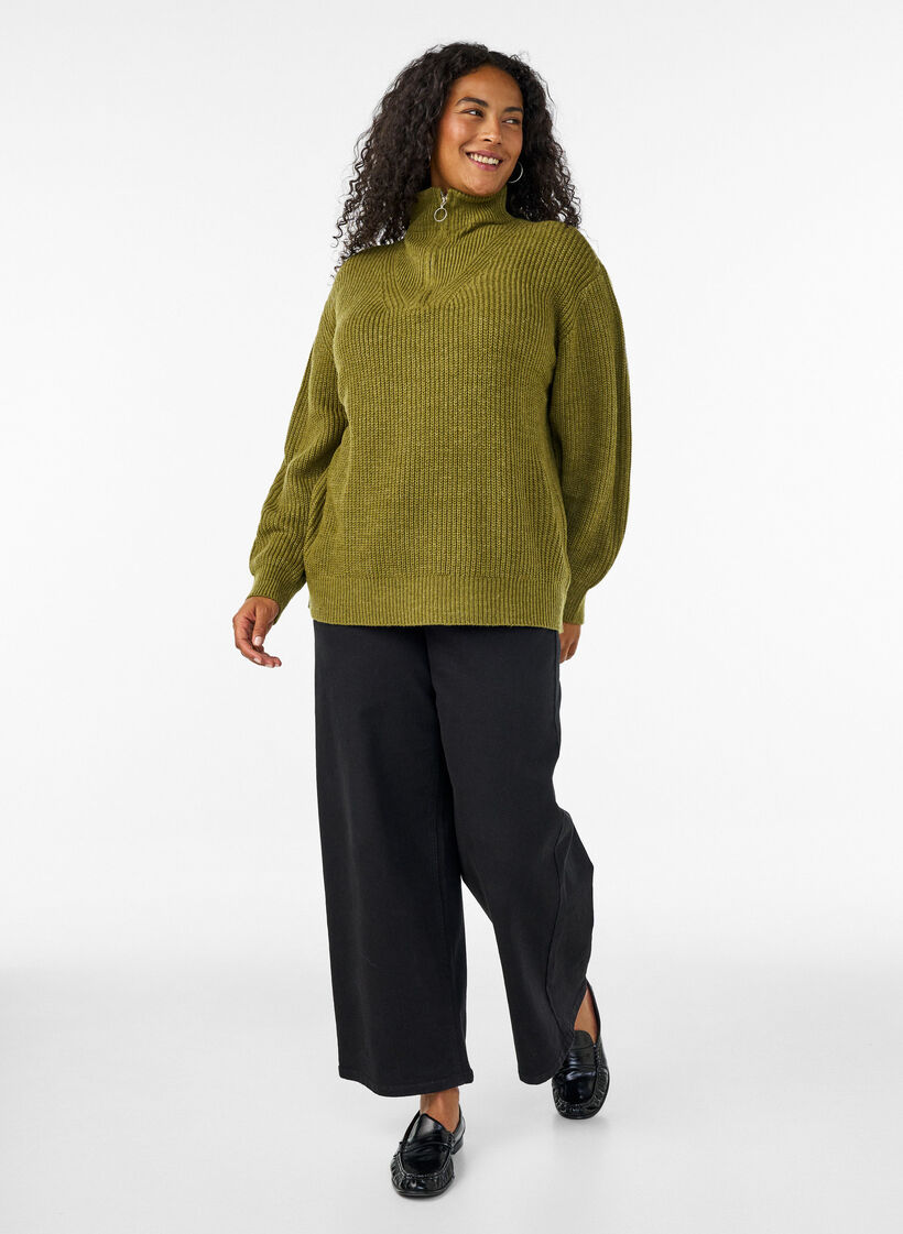Gebreide trui met hoge hals en rits, Groen, Model image number 1
