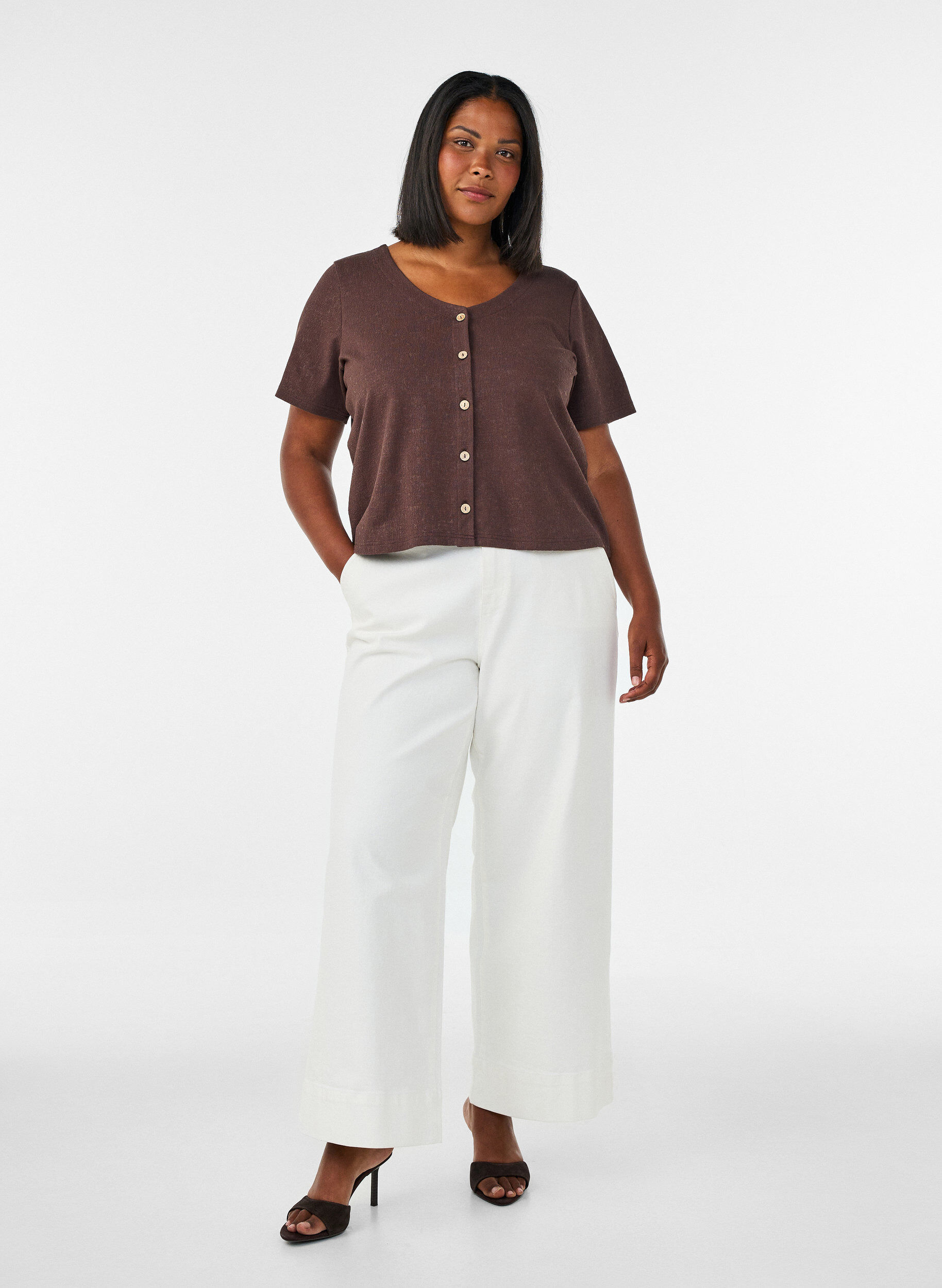 ZizziKatoenen blouse met structuur en knoopsluiting, Bruin, Model image number 1
