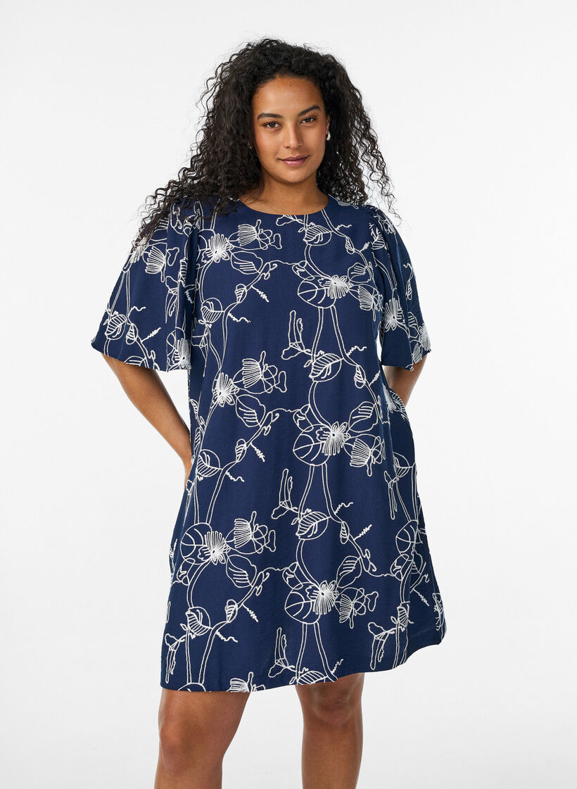 Korte A-lijn jurk met geborduurd patroon, Blauw, Model image number 0