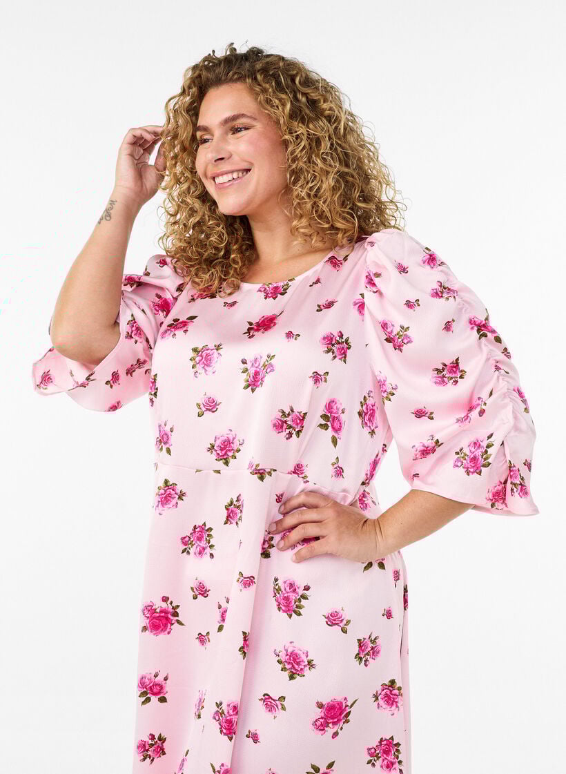 Midi-jurk met bloemen en pofmouwen, Roze, Model