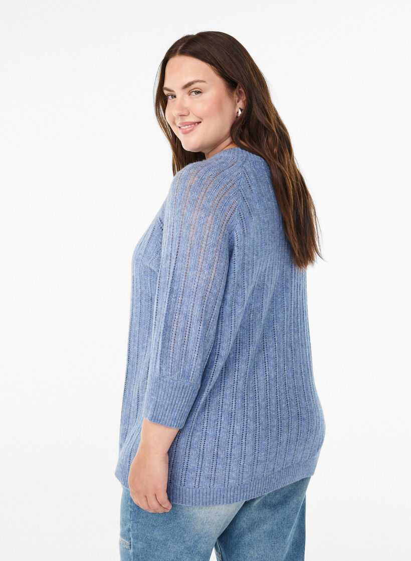Luchtige knit blouse met 3/4 mouwen en opengewerkt patroon, Blauw, Model image number 2