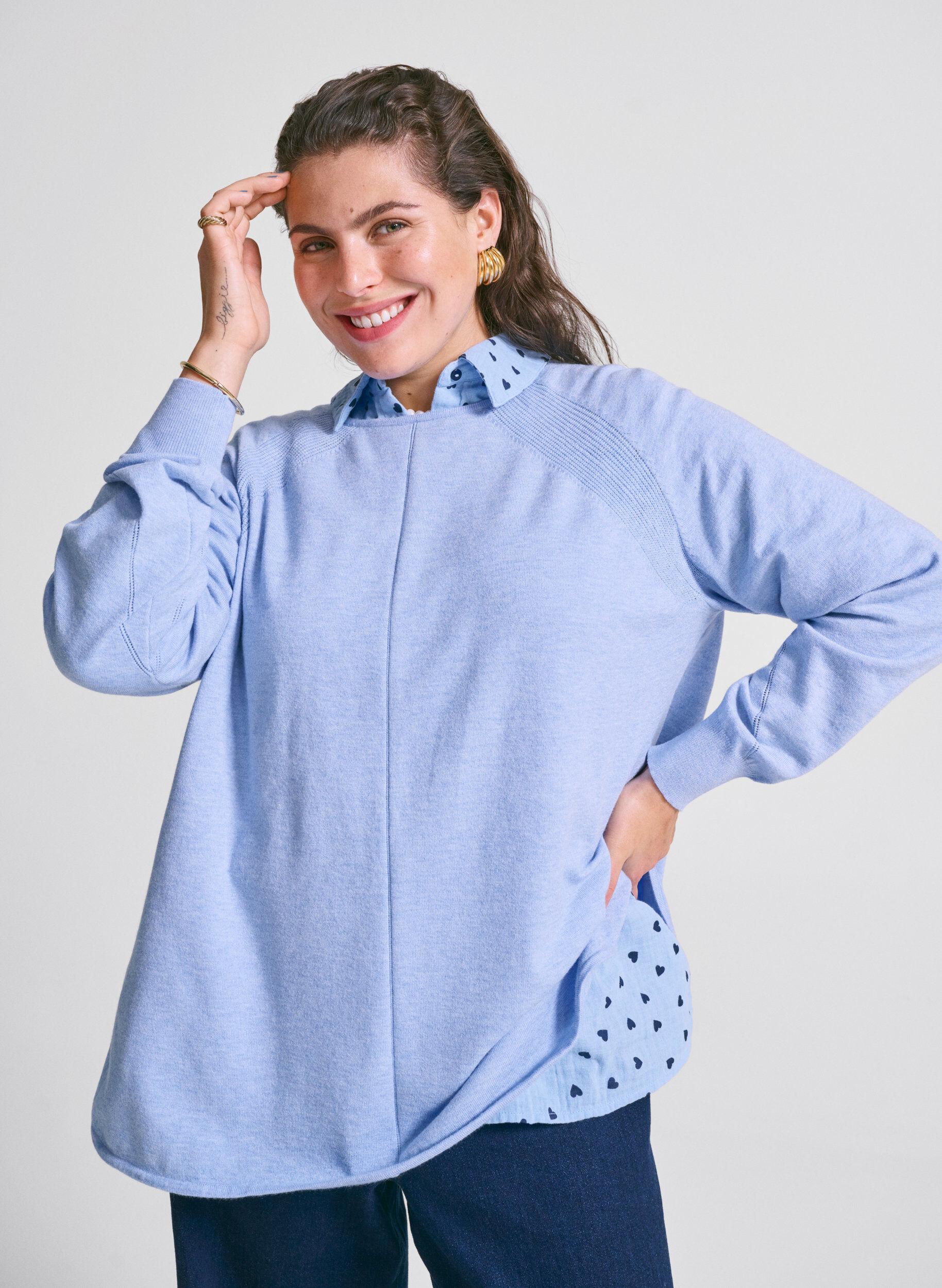 ZizziGebreide blouse met ronde hals en gebreid patroon, Blauw, Image image number 0