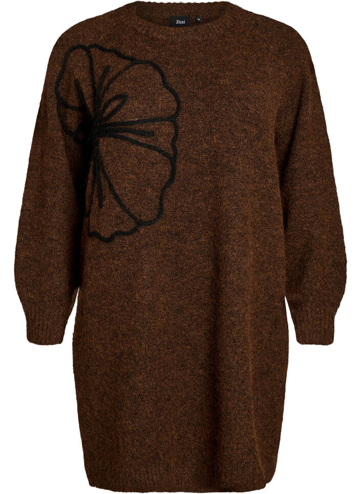 Jumper jurk met grote bloem applicatie, Bruin, Packshot image number 0