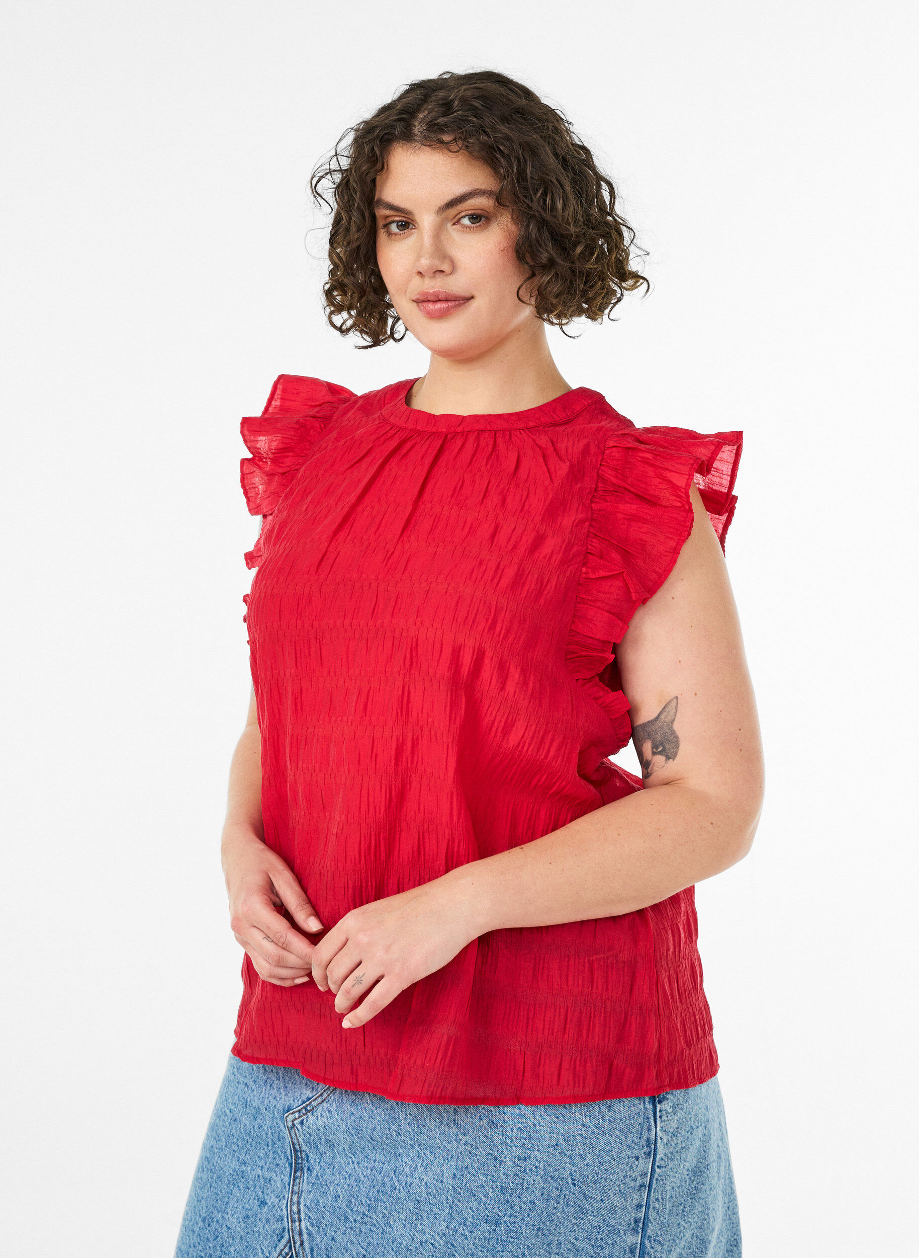 Blouse met textuur en ruches zonder mouwen, Rood, Model