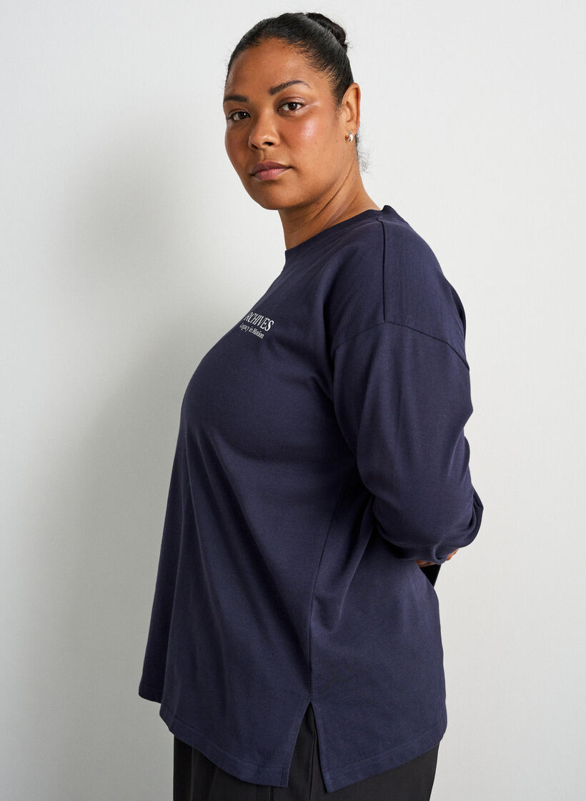 Jerseyblouse met lange mouwen en tekstprint, Blauw, Model image number 3