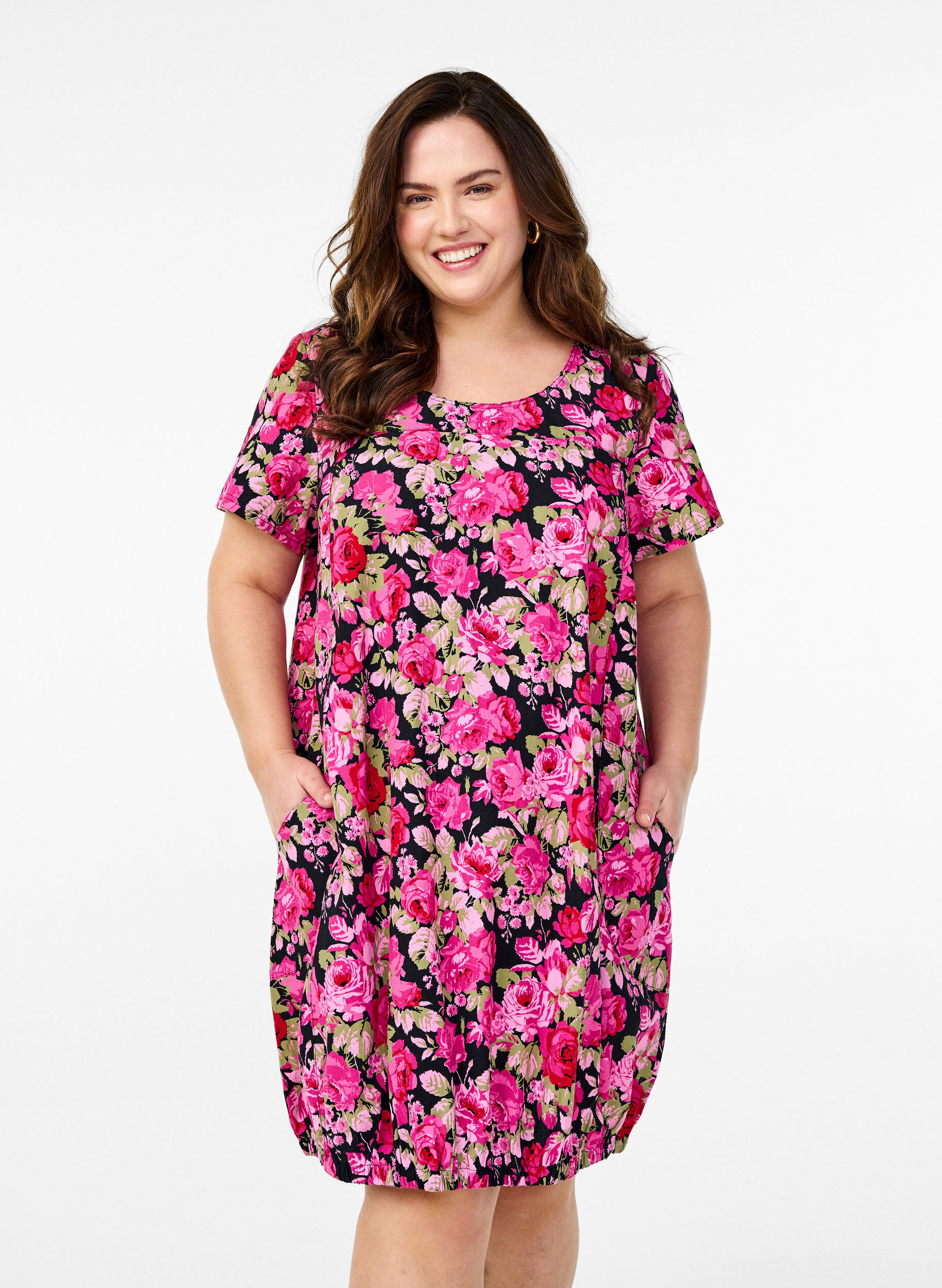 ZizziKatoenen jurk met korte mouwen en print, Zwart, Model image number 0