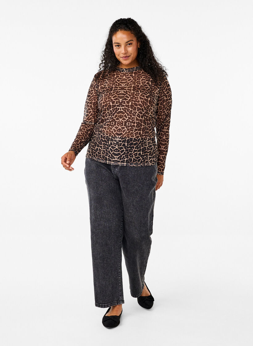 Mesh blouse met luipaardpatroon, LEO AOP, Model
