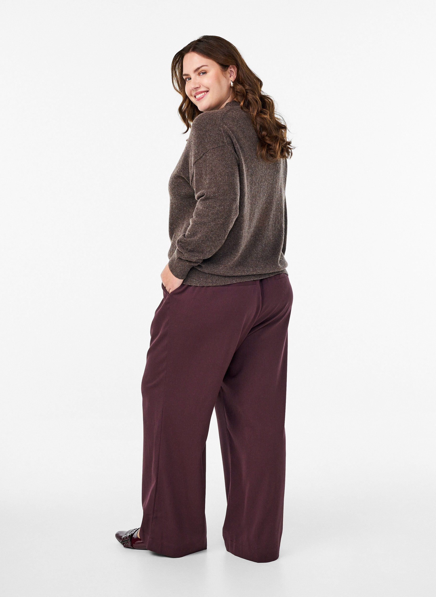 ZizziWijde broek met een hoge taille, Donker Bordeaux, Model image number 1