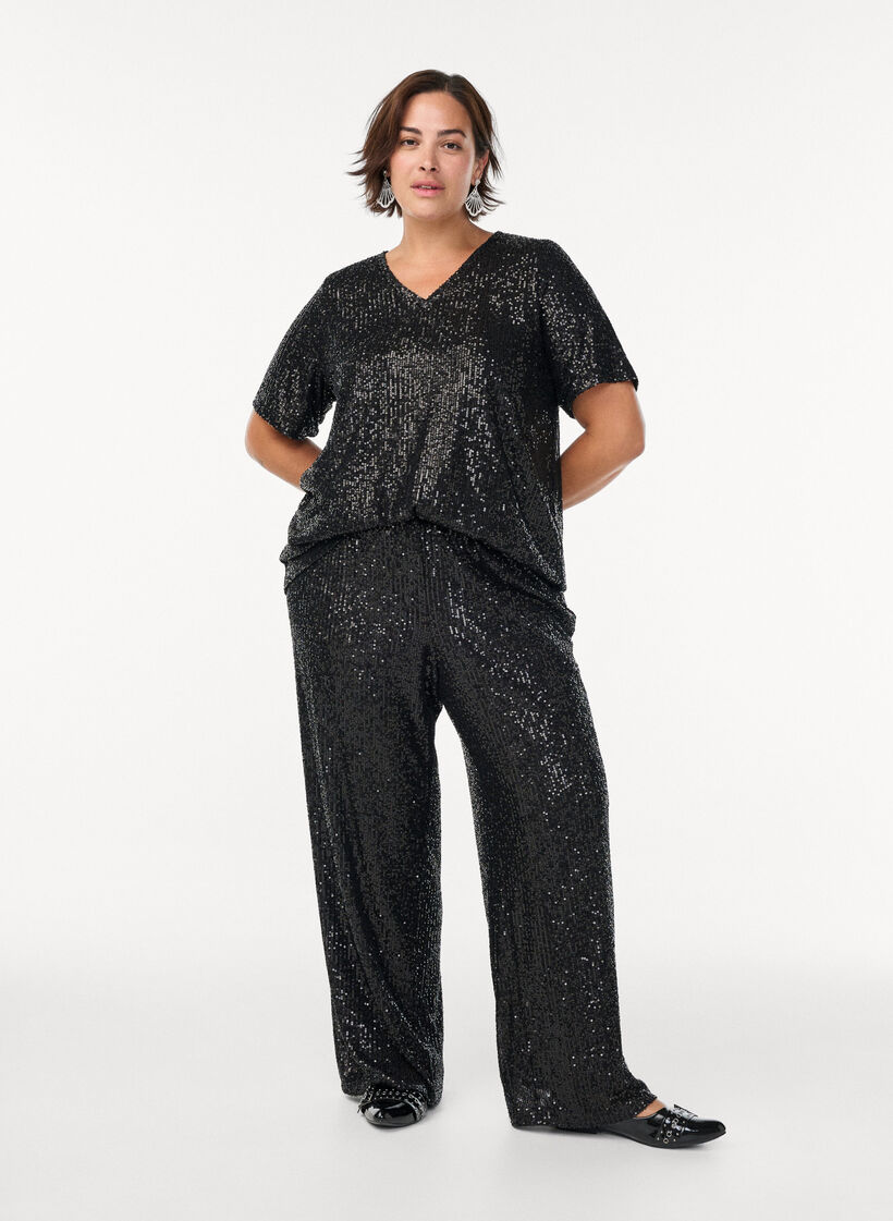 Sequin blouse met V-hals en korte mouwen, Zwart, Model image number 1