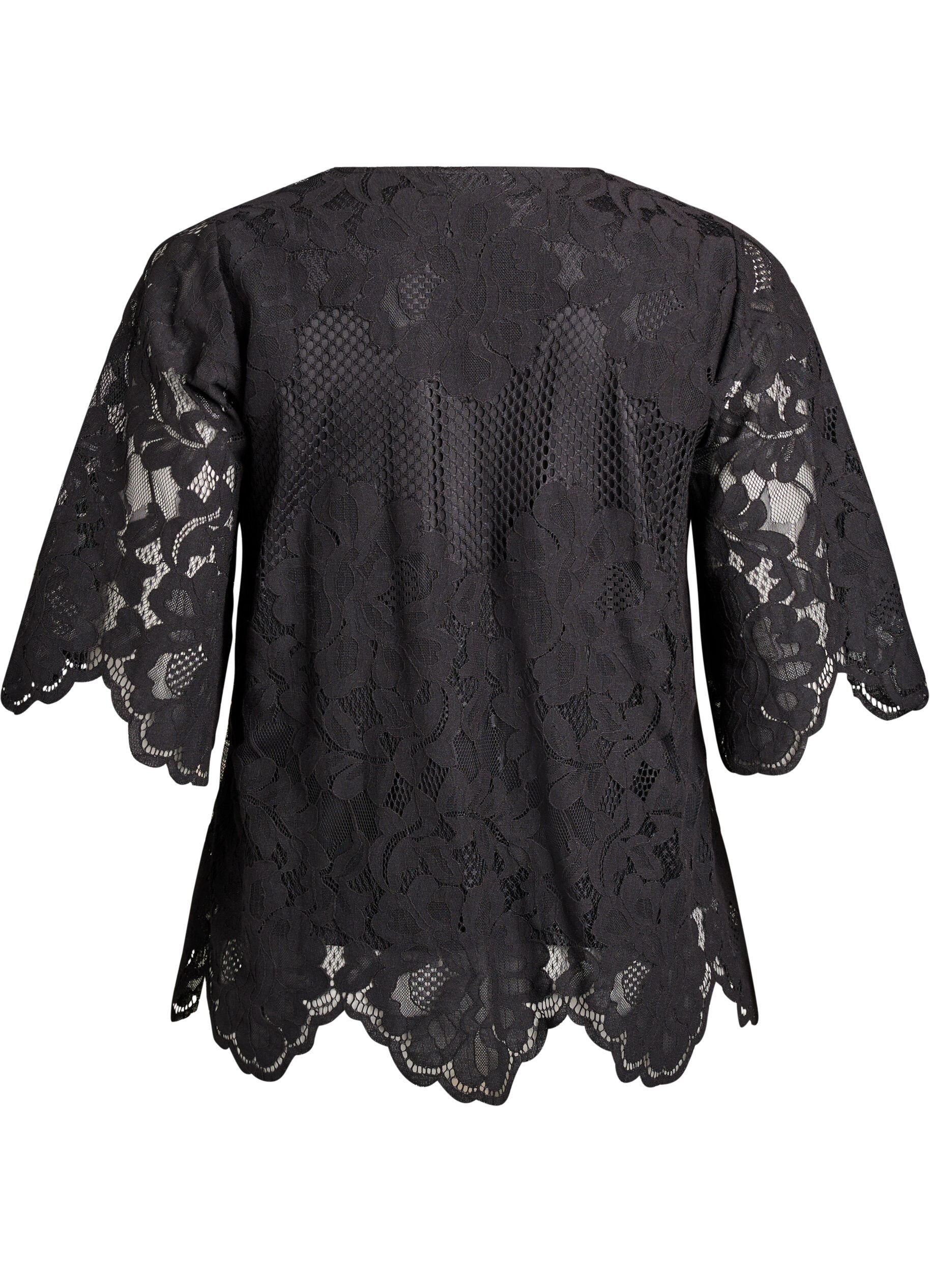 ZizziKanten blouse met V-hals en 1/2 mouwen, Zwart, Packshot image number 1
