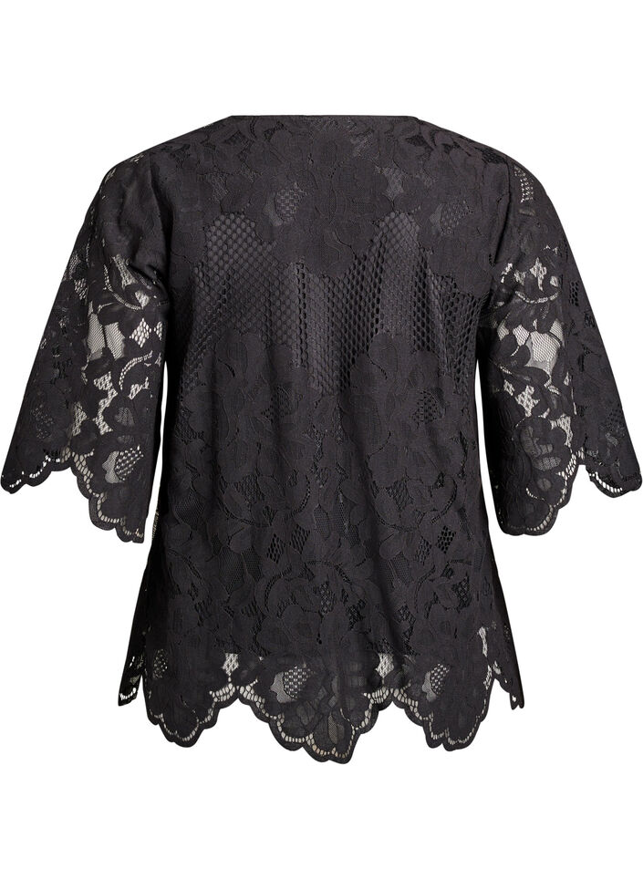 Kanten blouse met V-hals en 1/2 mouwen, Zwart, Packshot image number 1