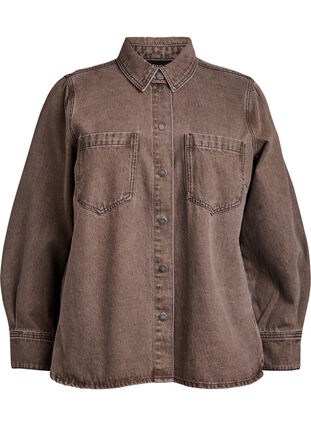ZizziGekleurde denim shirt met zakken op de borst, Brown Denim, Packshot image number 0