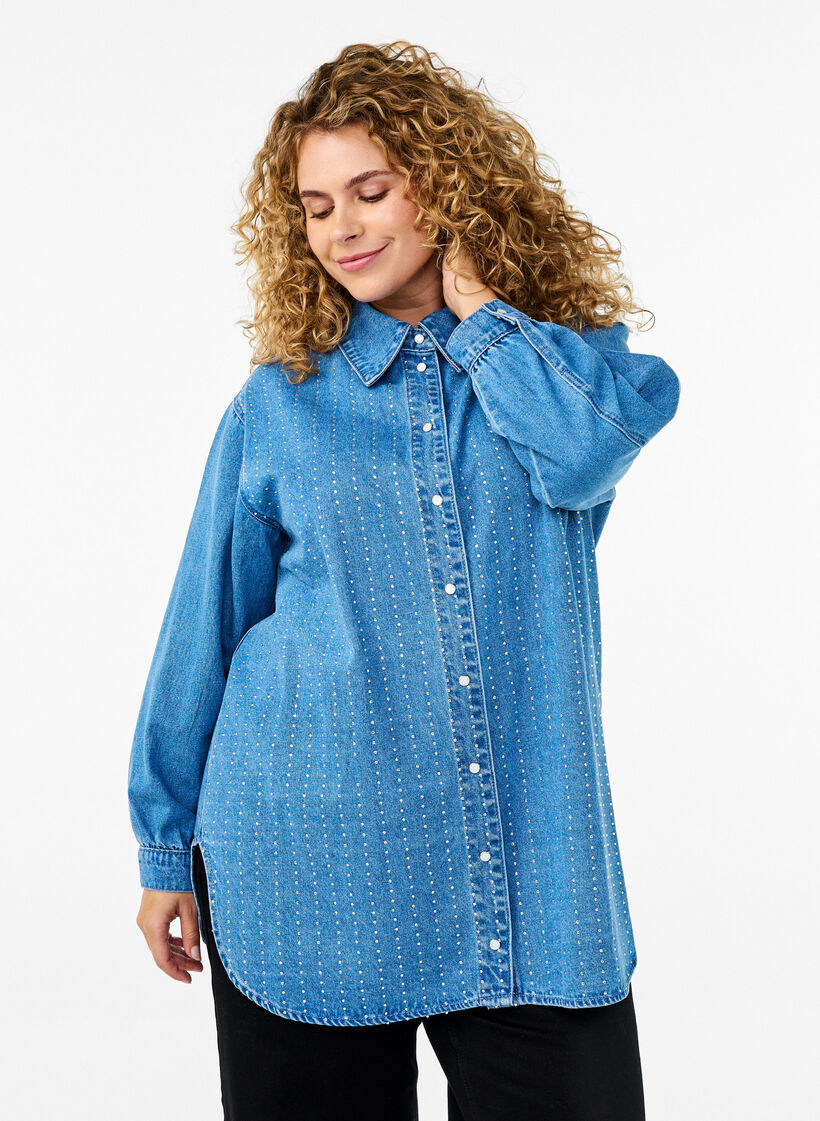 Denim shirt met strasssteentjes, Light Blue Denim, Model image number 0