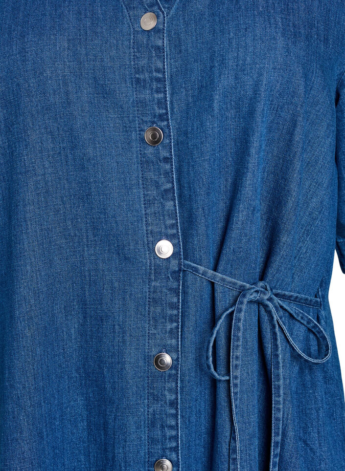 Denimjurk met knoopsluiting en strikdetail, Blauw, Packshot image number 2