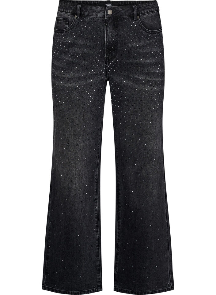 Straight-fit jeans met rhinestones en een hoge taille, Grijs, Packshot image number 0