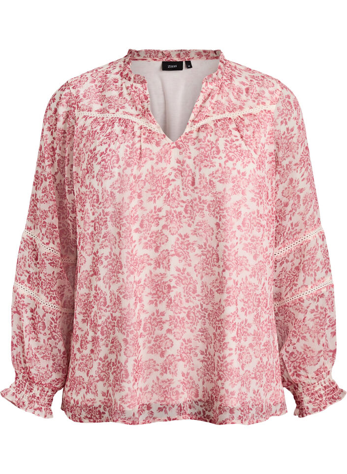 Chiffonblouse met bloemenprint en gehaakte bies, Rood, Packshot image number 0
