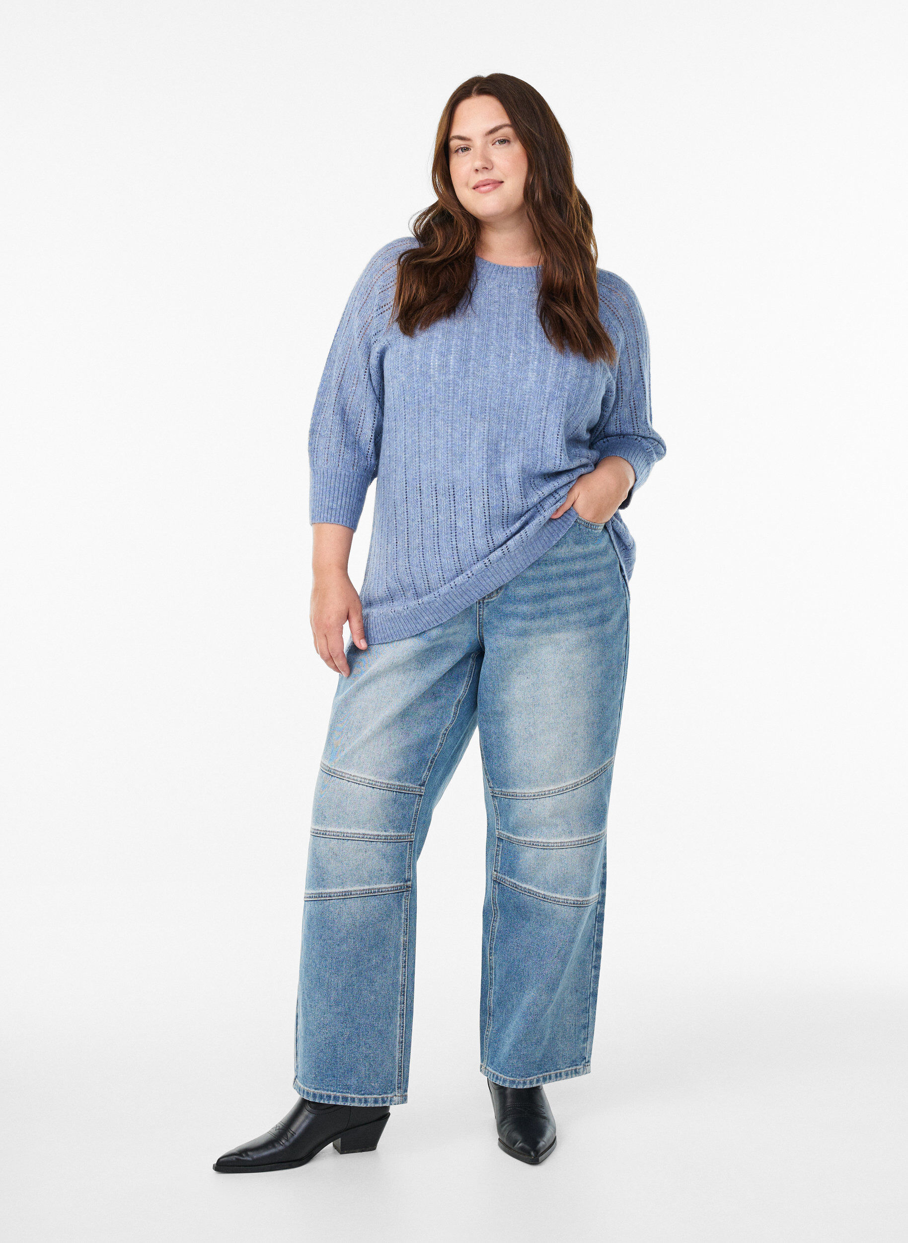 ZizziLuchtige knit blouse met 3/4 mouwen en opengewerkt patroon, Blauw, Model image number 1