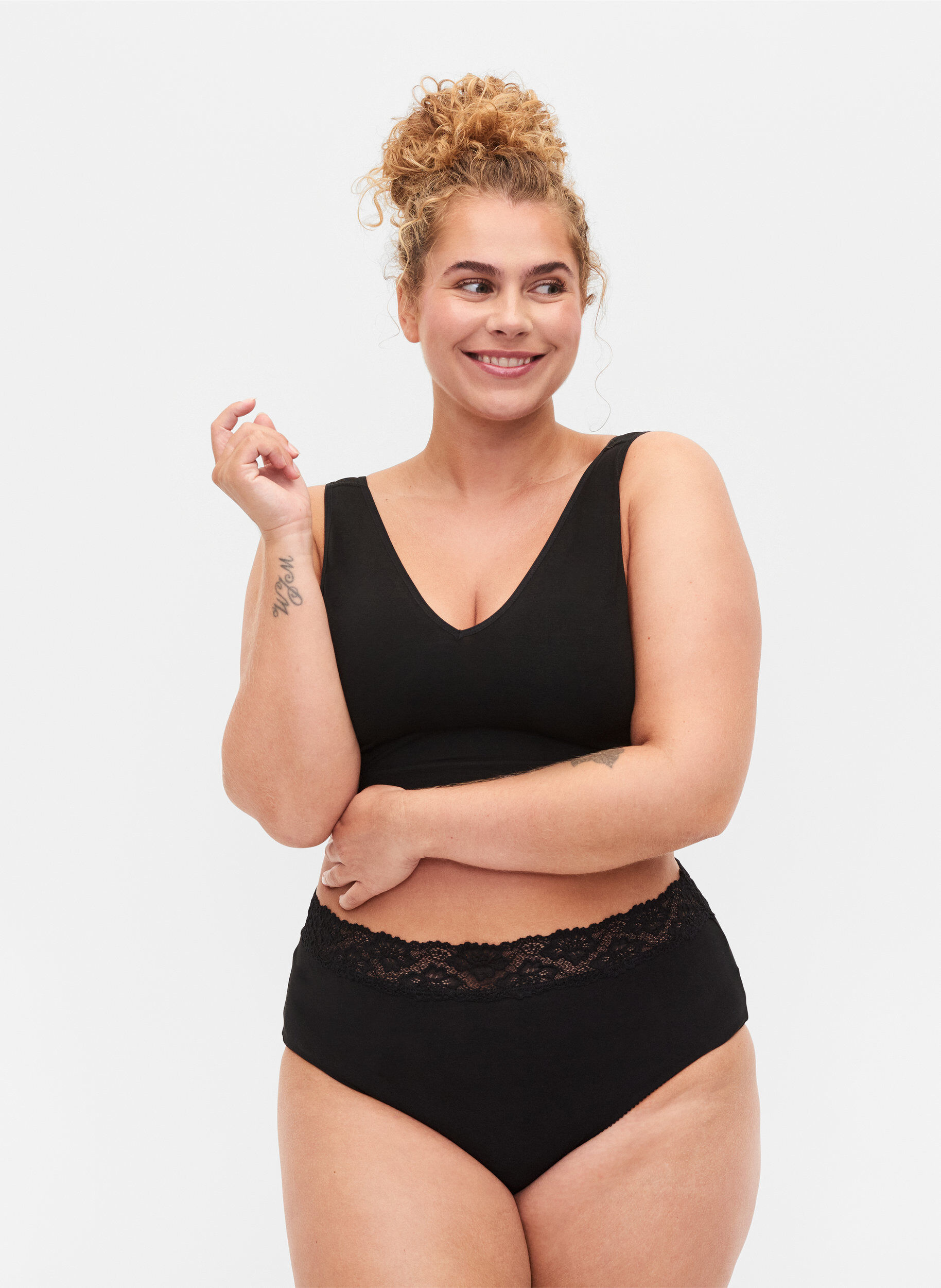 2-pack katoenen panty met kant, Zwart, Model