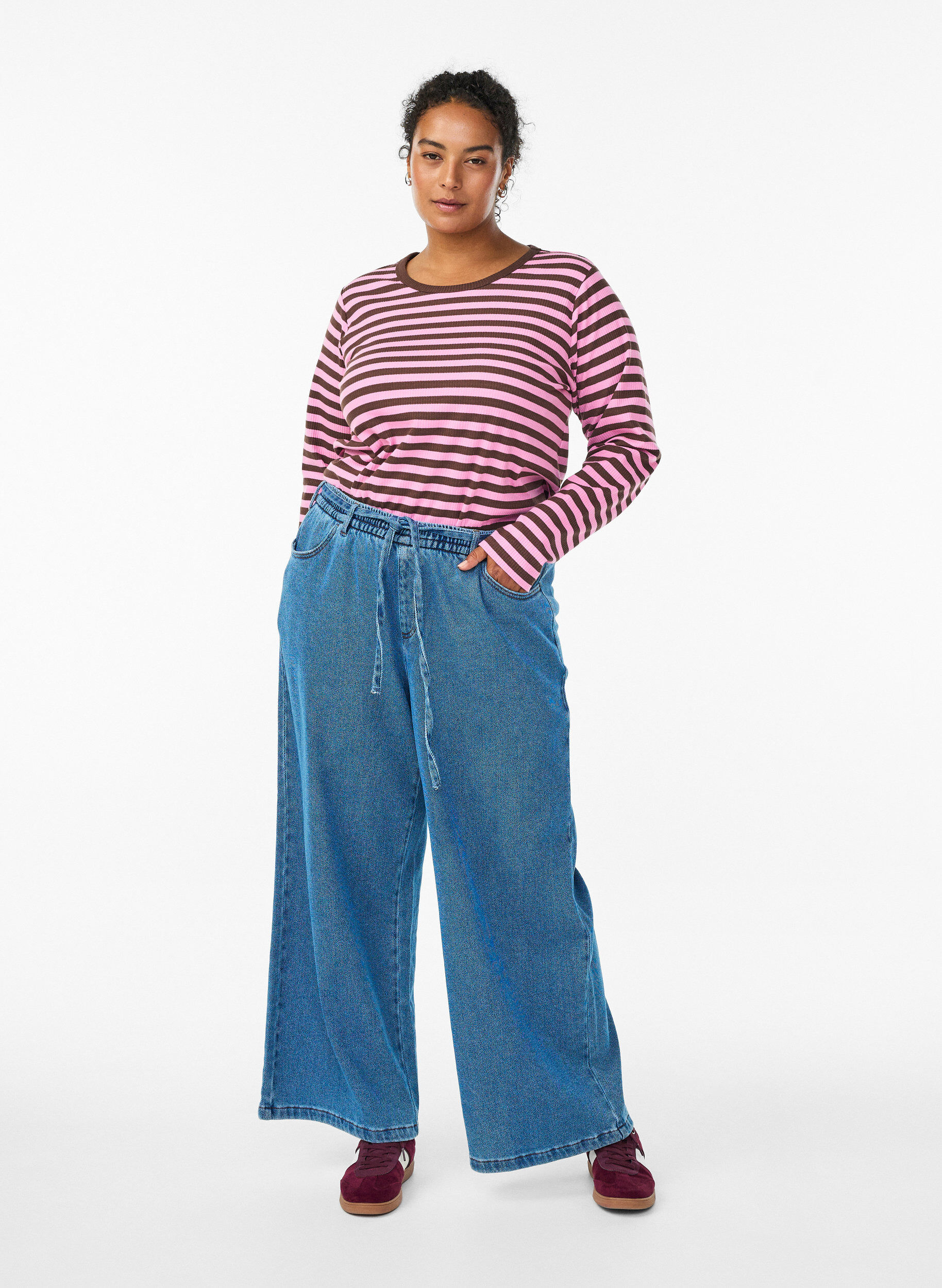 ZizziGestreepte blouse met lange mouwen, Donker Bordeaux, Model image number 1