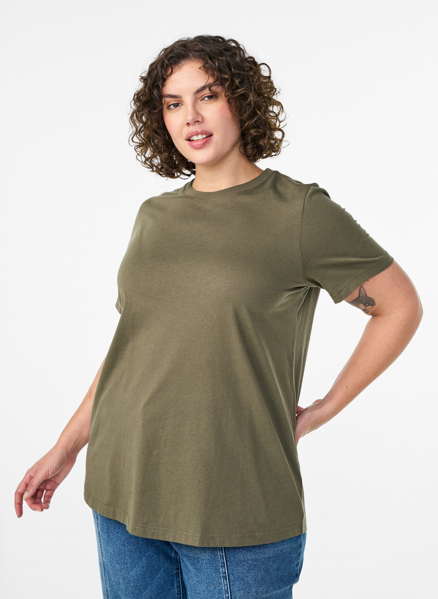 T-shirt basique en coton &agrave; col rond, Vert Kaki, Model
