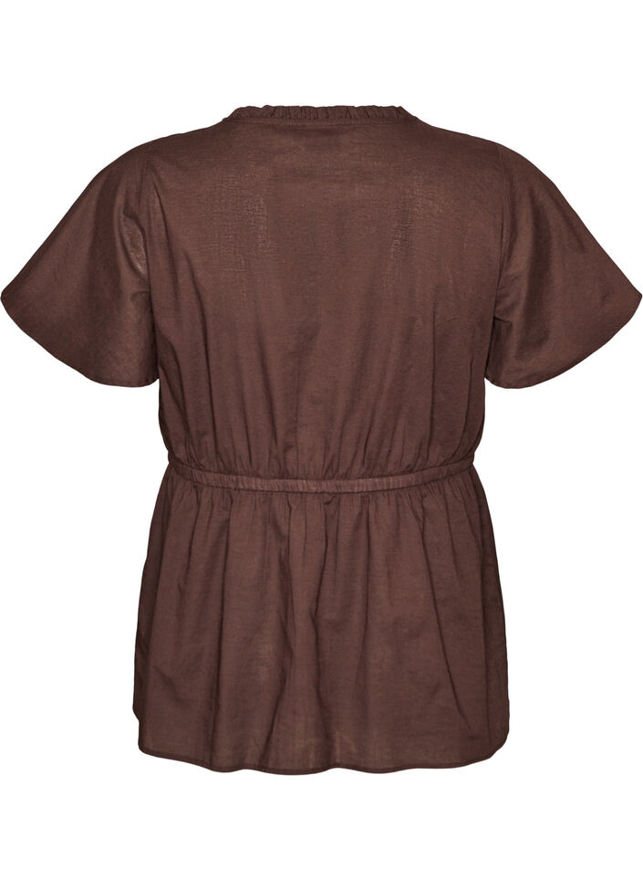 Katoenen blouse met strik en elastische taille, Bruin, Packshot image number 1