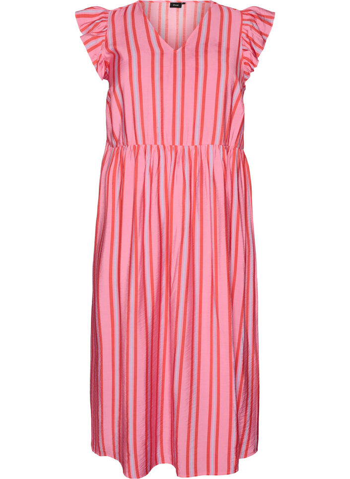 Robe midi &agrave; rayures avec coupe empire et volants, Rose, Packshot image number 0