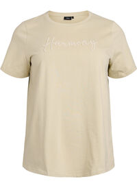 T-shirt in biologisch katoen met pareltekst, Beige T-shirt in biologisch katoen met pareltekst