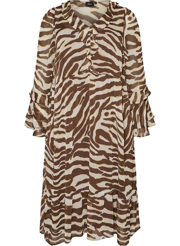 Midi-jurk met ruches en V-hals, Bruin, Packshot image number 0