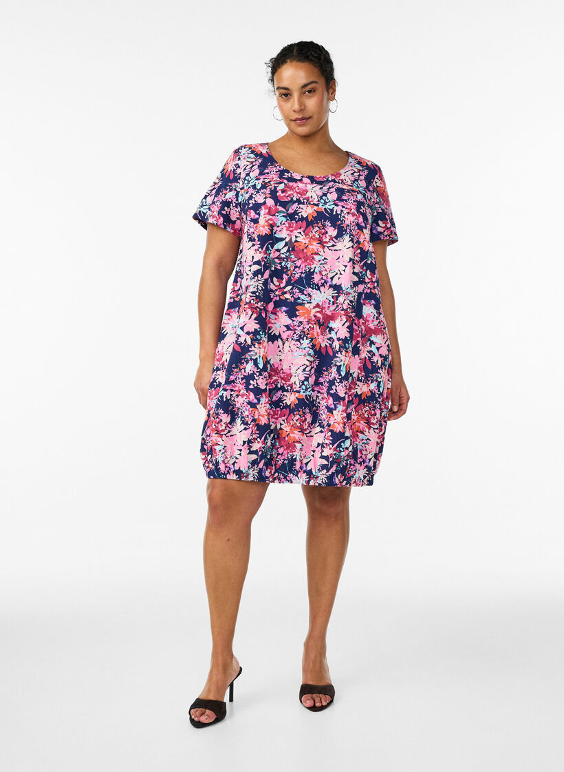 Robe en coton &agrave; manches courtes avec imprim&eacute;, Bleu, Model image number 1