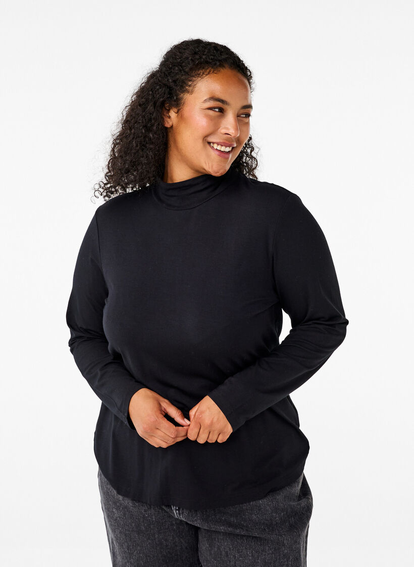 Blouse met lange mouwen en hoge hals, Black, Model