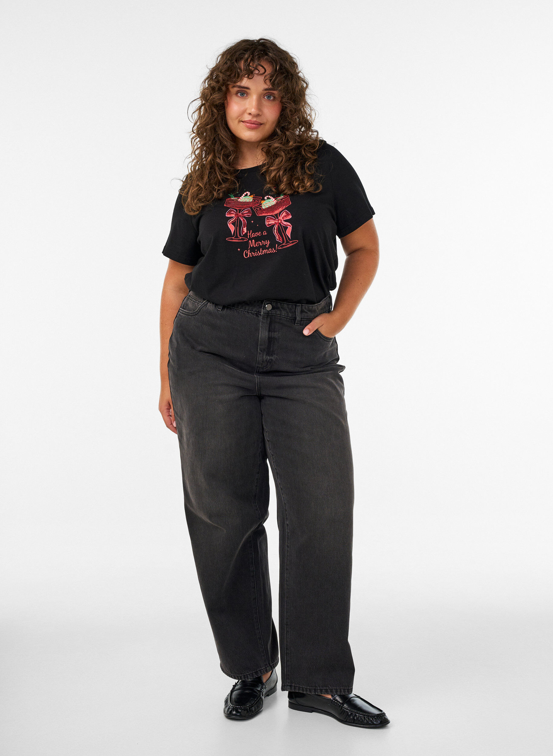 ZizziKerst T-shirt van biologisch katoen, Zwart, Model image number 1