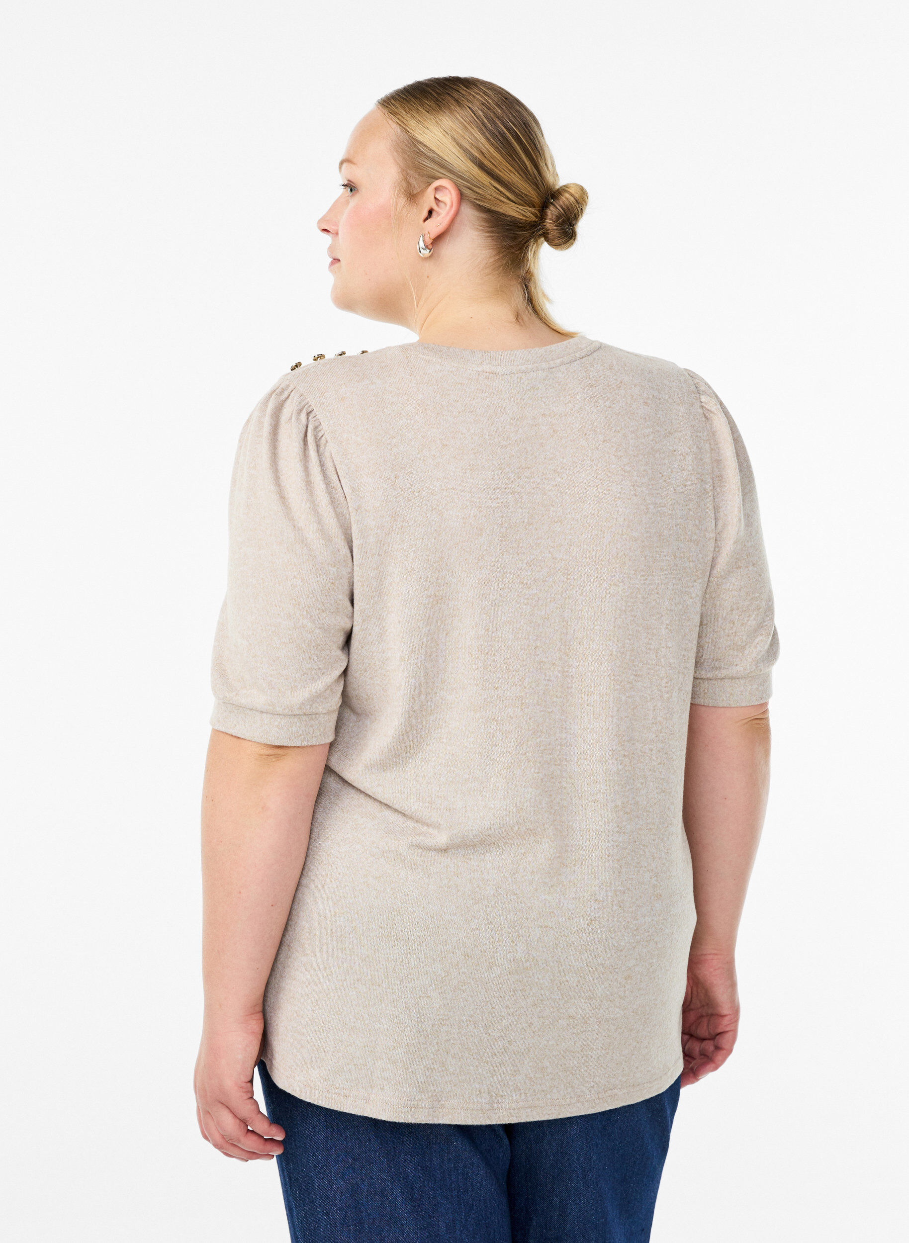 ZizziBlouse met knoopdetail en korte pofmouwen, Beige, Model image number 2