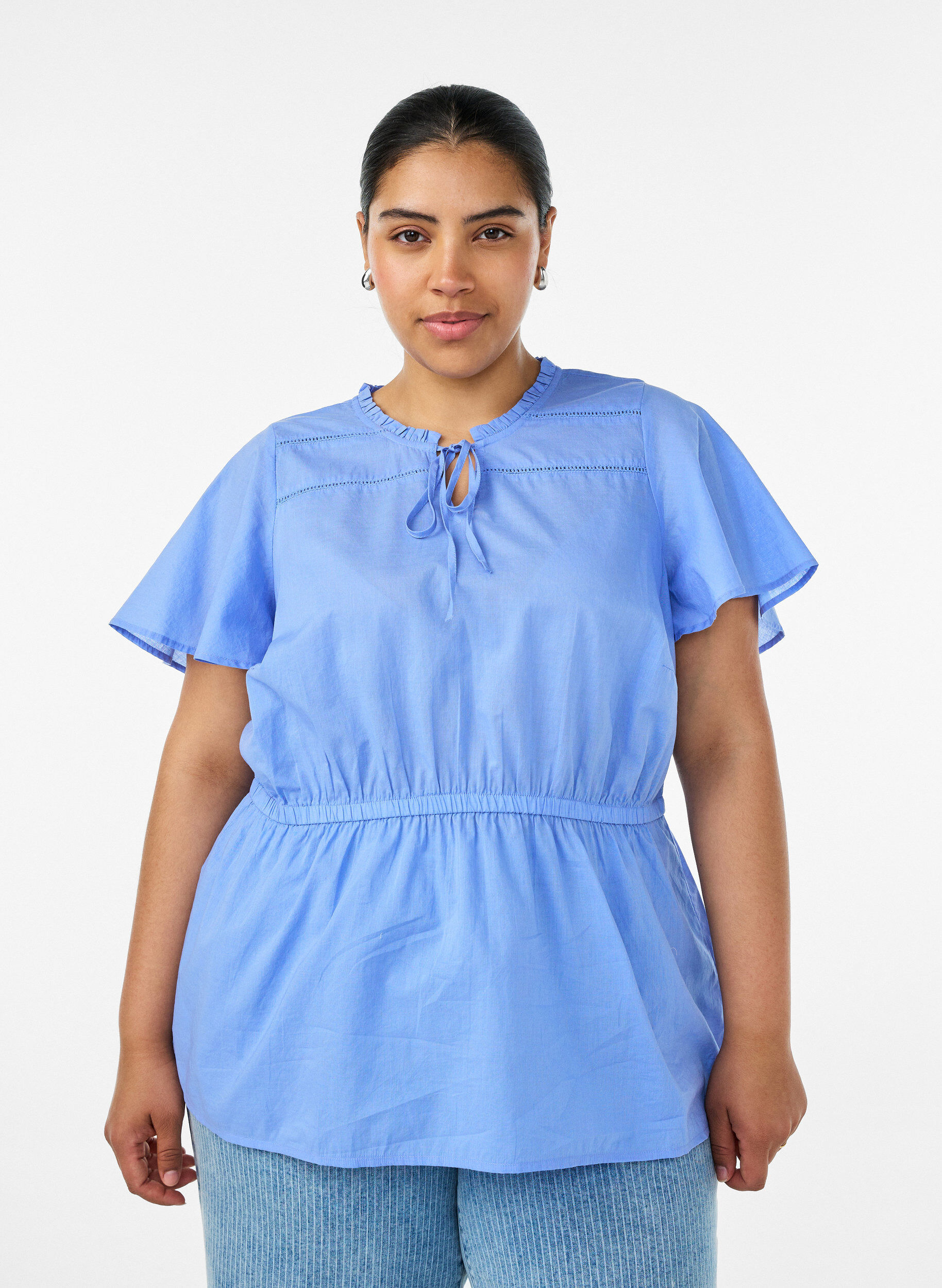 Katoenen blouse met strik en elastische taille, Blauw, Model