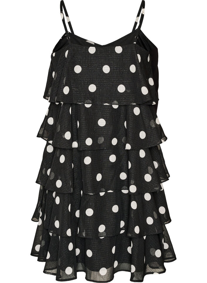 Gelaagde jurk met ruches en spaghettibandjes, Zwart, Packshot image number 1