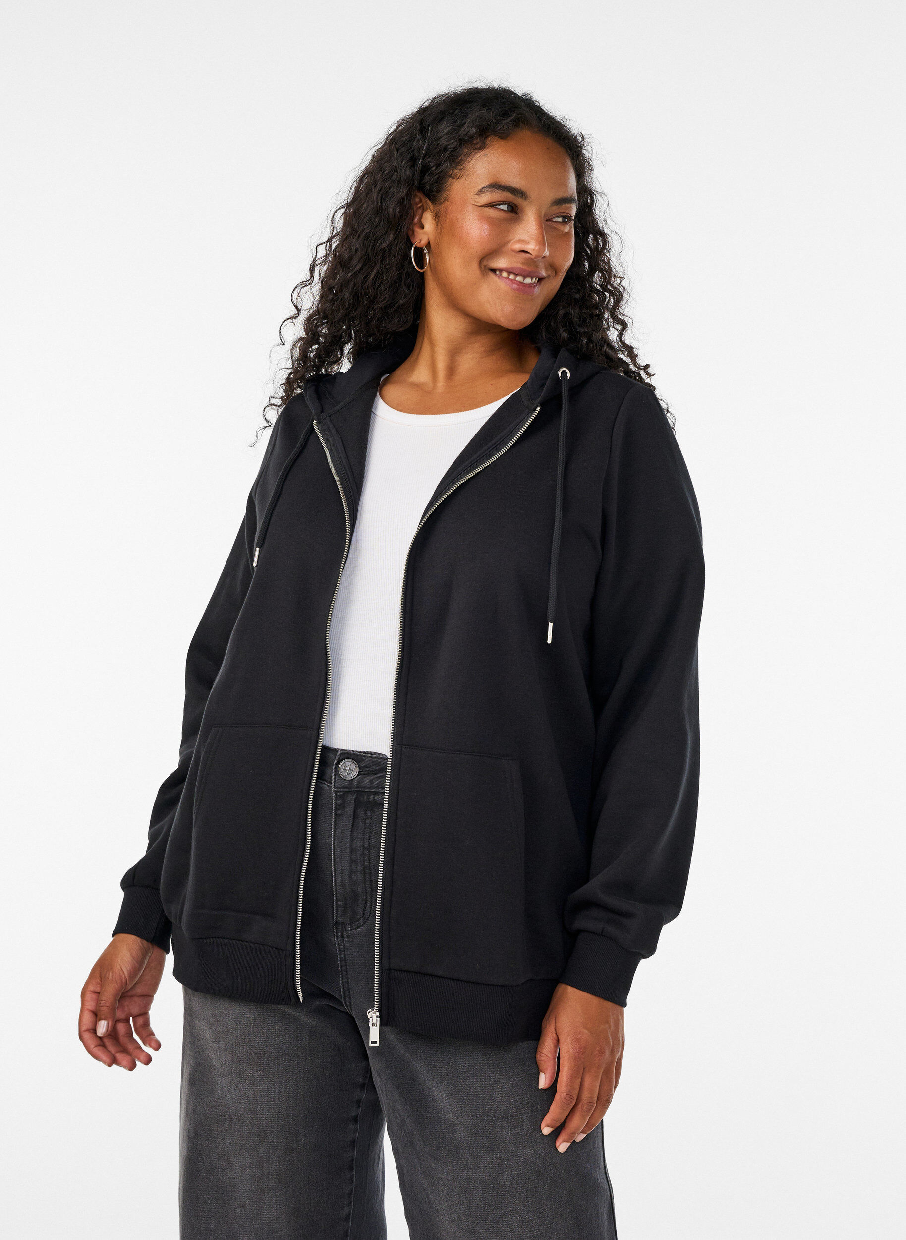 Sweathoodie met ritssluiting en zakken, Zwart, Model