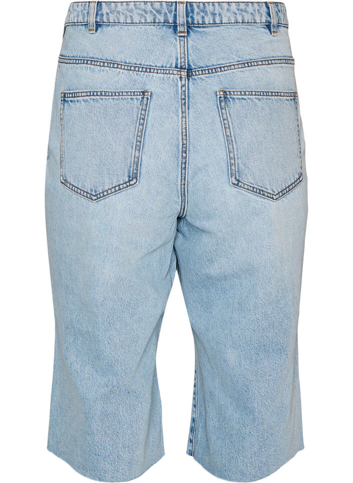 Gecropte jeans met een versleten look en rafelige randen, Blauw, Packshot