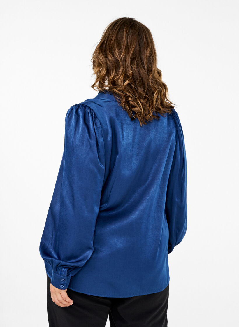 Blouse met lange mouwen, ruches en V-hals, Estate Blue, Model image number 1