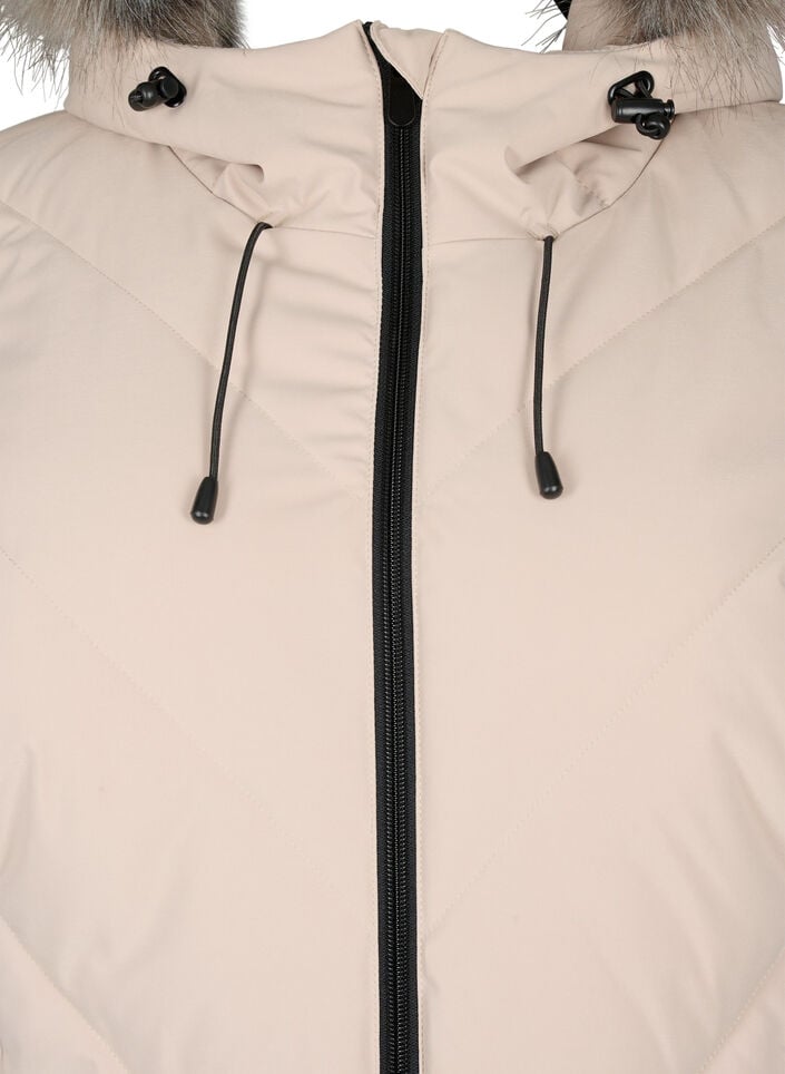 Lange winterjas met haaksluitingen en een nep bontkraag, Simply Taupe, Packshot