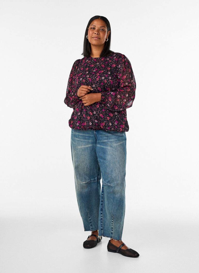Chiffon blouse met bloemenprint en sheer mouwen, Zwart, Model image number 1
