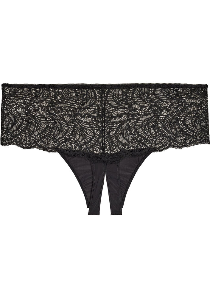 Hipster string zonder kruis met kant en hoge taille, Zwart, Packshot image number 1