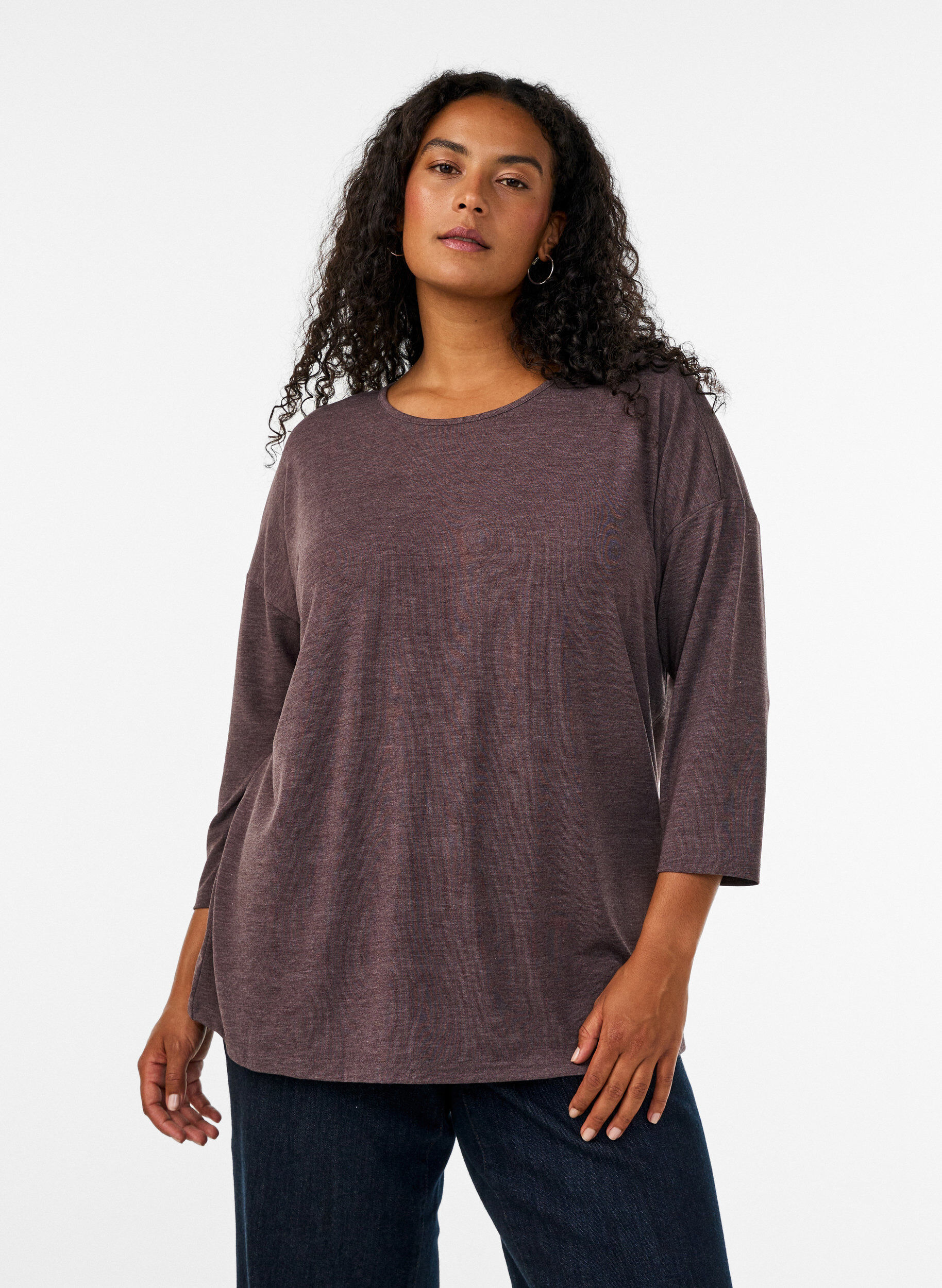 Jersey blouse met 3/4 mouwen, Bruin, Model