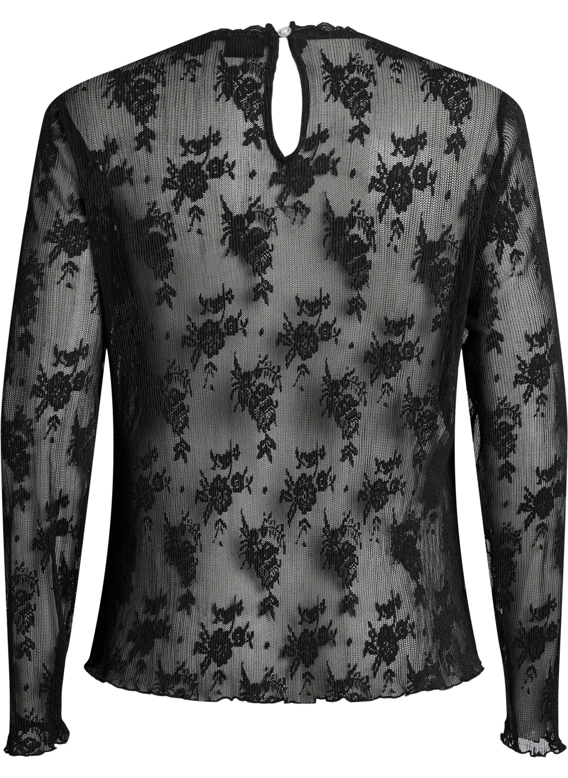 ZizziBlouse met lange mouwen van mesh met kantpatroon, Zwart, Packshot image number 1