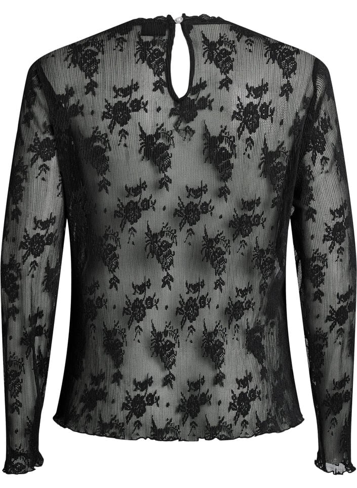 Mesh blouse met lange mouwen met kantpatroon, Zwart, Packshot