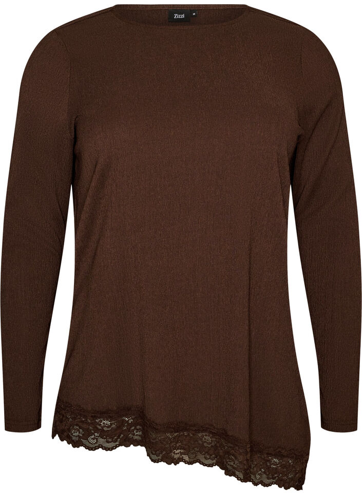 Jersey blouse met asymmetrische kanten rand, Bruin, Packshot image number 0