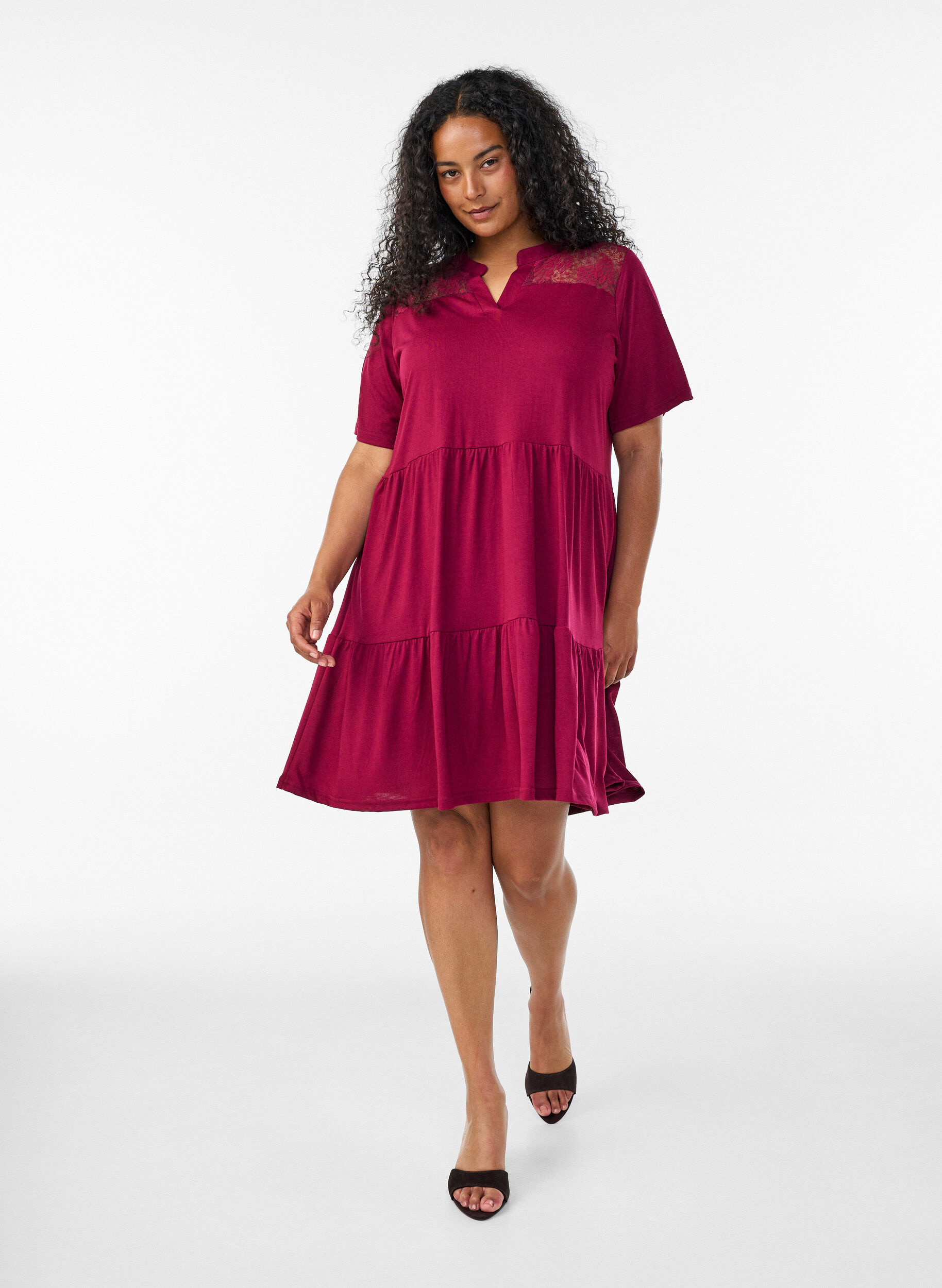 ZizziJerseyjurk met kanten details en een gelaagde rok, Rood, Model image number 1