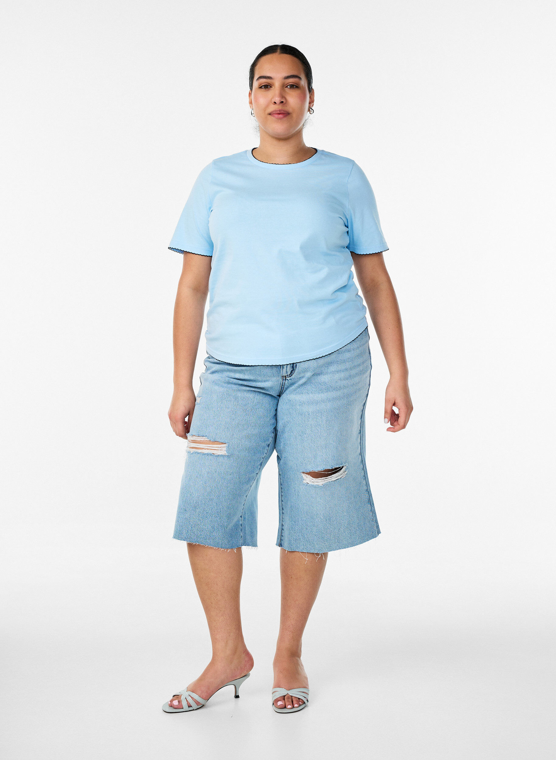 ZizziKatoenen T-shirt met golvende contrasterende randen, Blauw, Model image number 1