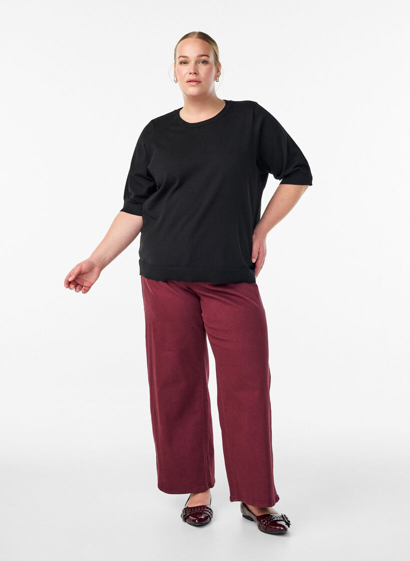 Fijngebreide blouse met korte mouwen, Zwart, Model image number 1