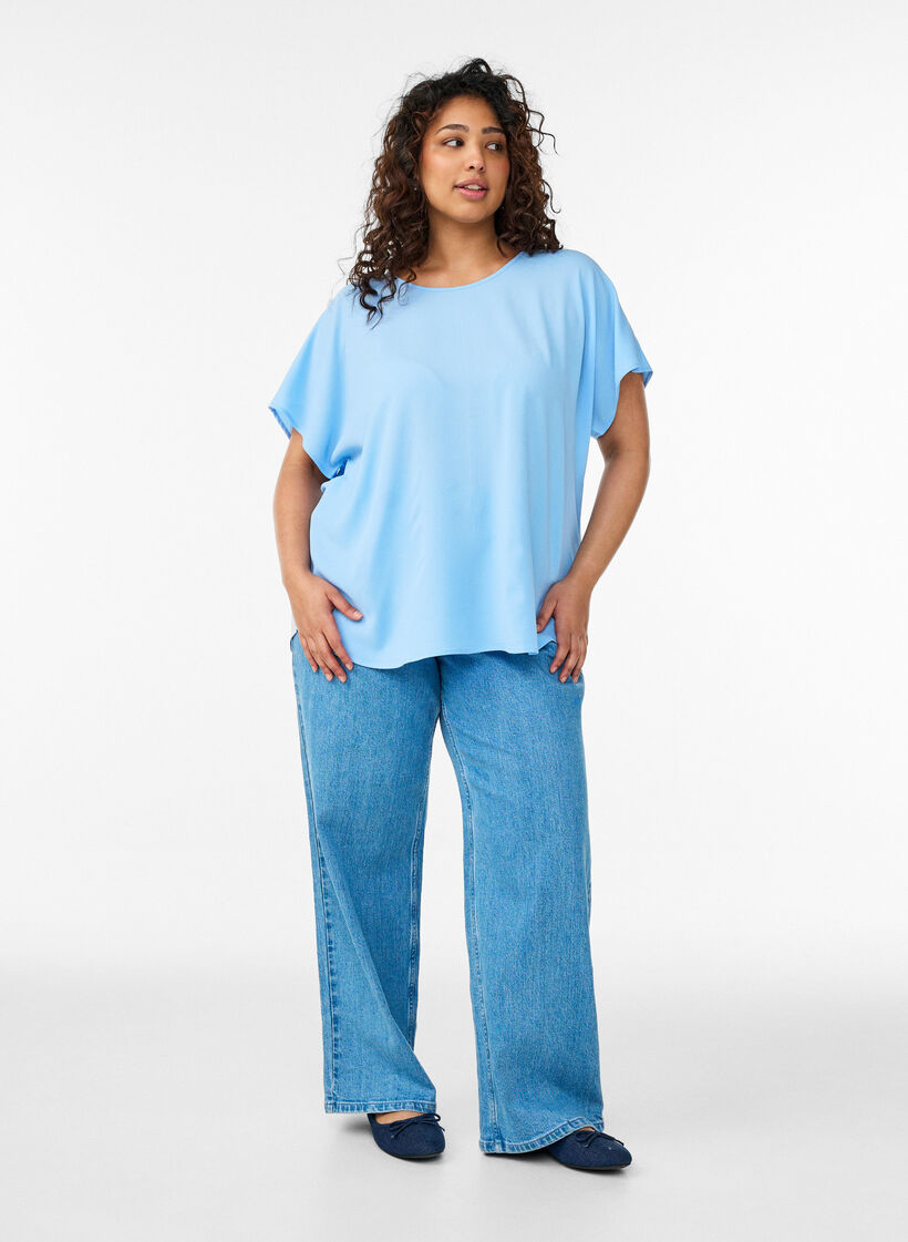 Blouse met korte mouwen en een ronde halslijn, Blauw, Model image number 1