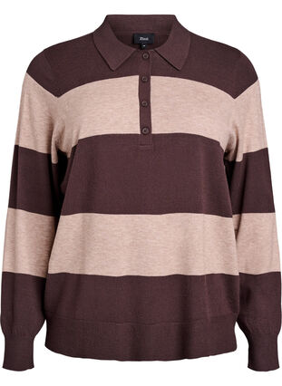 ZizziStrik blouse met kraag, Seal Brown Comb, Packshot image number 0